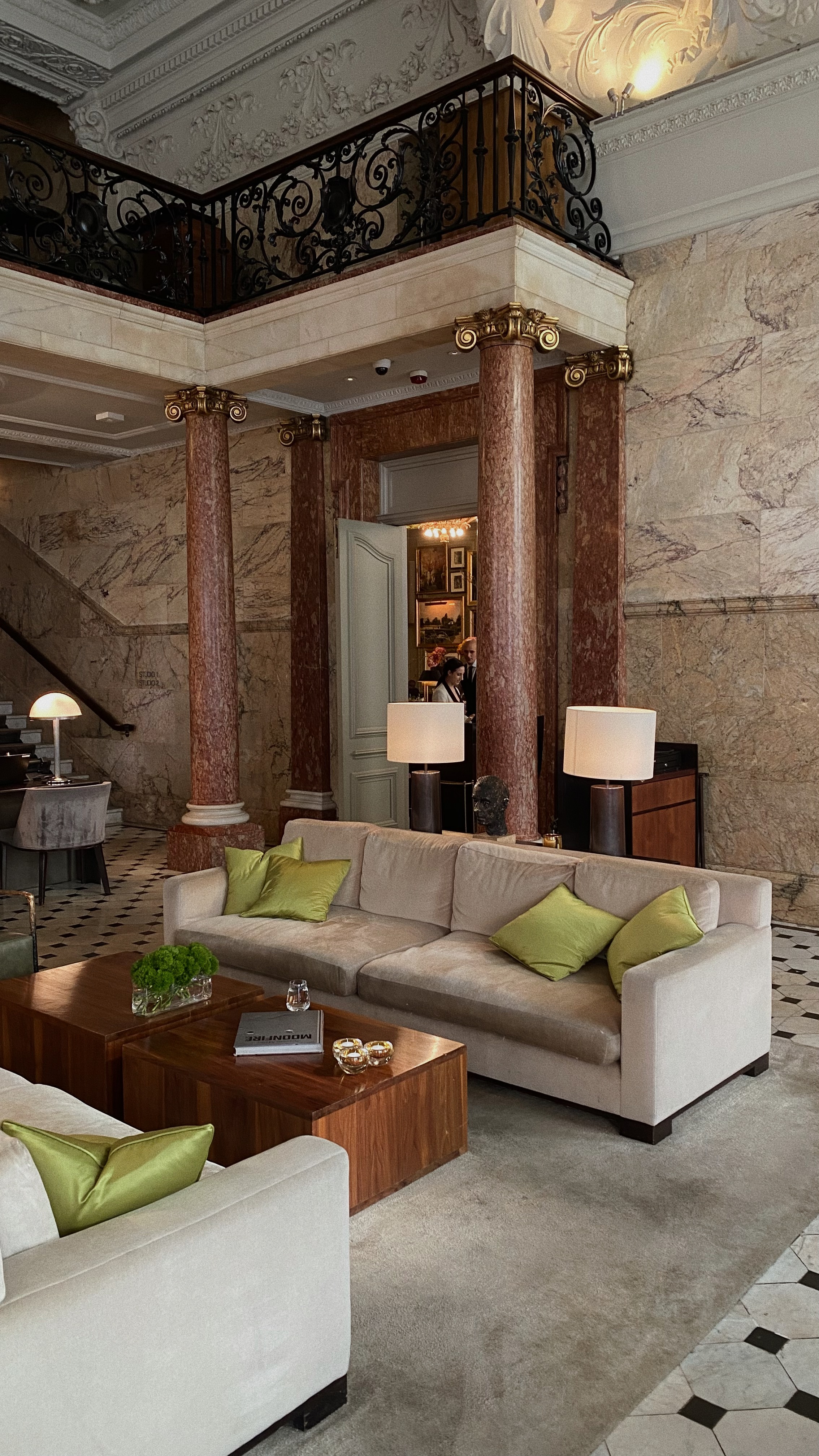 Marble and velvet hotel lobby